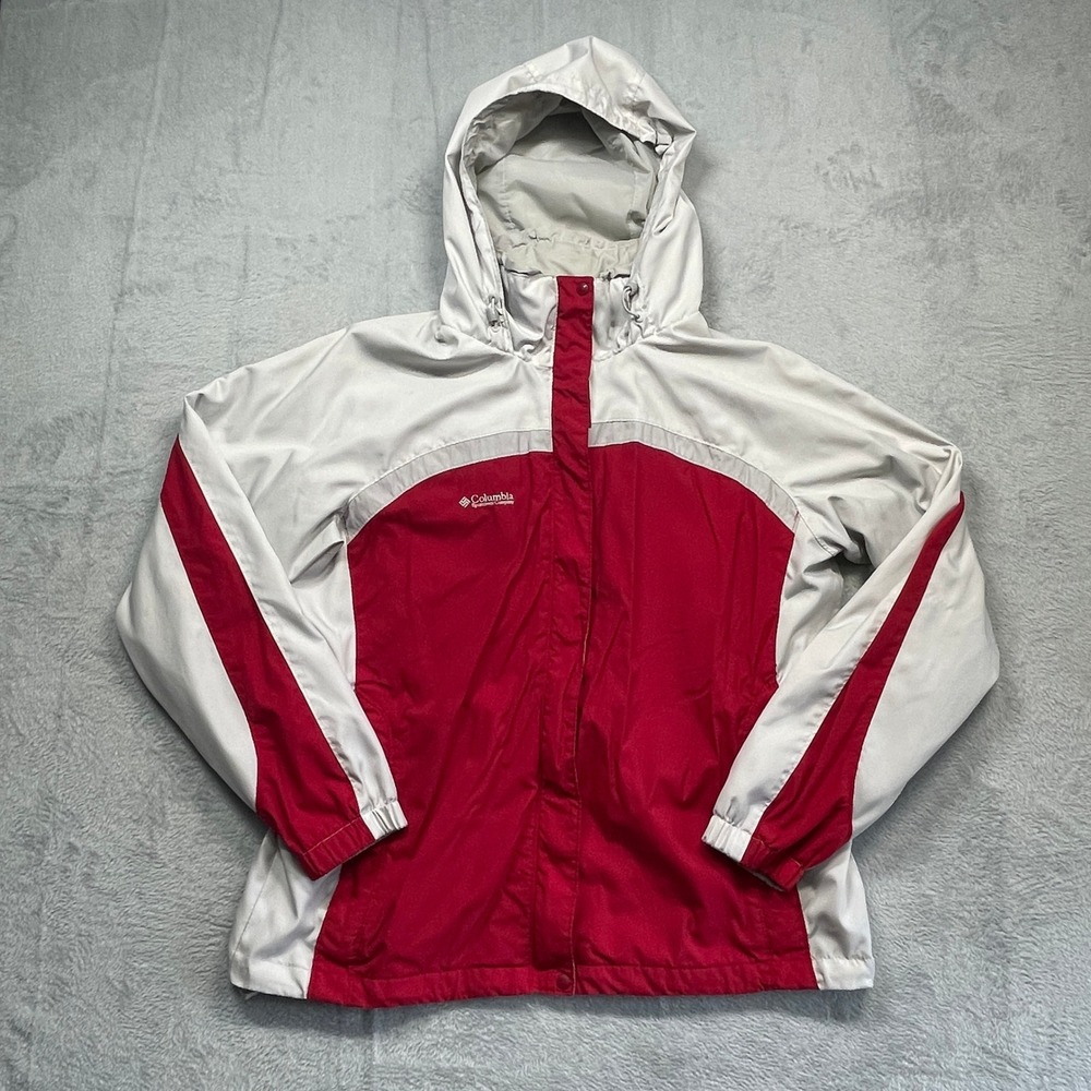Columbia Jacket Women XL Red White Colorblock Hooded‎ Windbreaker Mesh Lined